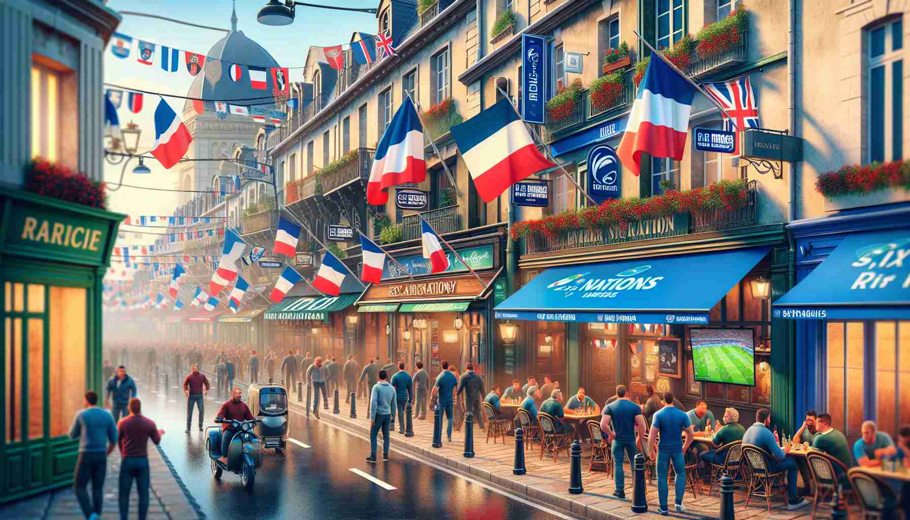 Realistic HD photo of the anticipation and enthusiasm mounting in France as the Six Nations, an annual rugby union competition, is getting closer. The picture captures lively streets banners and flags, passersby wearing team colors, rugby-themed displays in shop windows, bustling cafes airing rugby games, and general atmosphere of feverish anticipation in the air.