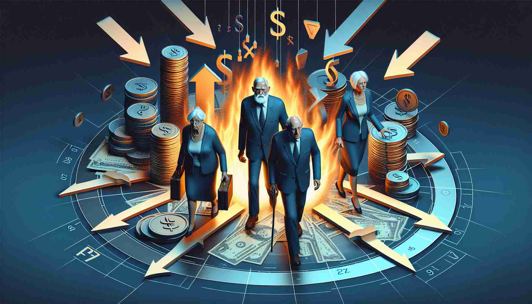 Generate a detailed image representing the concept of 'Wealthy Retirees Under Fire! Is Taxing Them a Smart Move?' It should depict a conceptual representation of affluent elderly individuals subject to scrutiny. They should display aspects of wealth such as elegant clothing or surroundings. This 'under fire' metaphor could perhaps be illustrated with symbolic visuals like arrows heading their way. The element of taxation can be indicated symbolically too - perhaps with legal or monetary signs. Highlight the conflict and dilemma inherent in the phrase. The entire picture needs to be rendered in realistic HD quality.