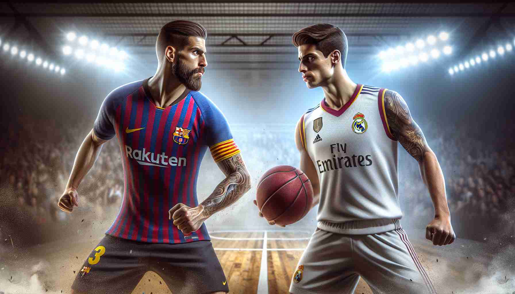 Realistic high-definition image of an epic showdown between two prominent soccer teams, hailing from Barcelona and Madrid, in the final match of a minor basketball championship.