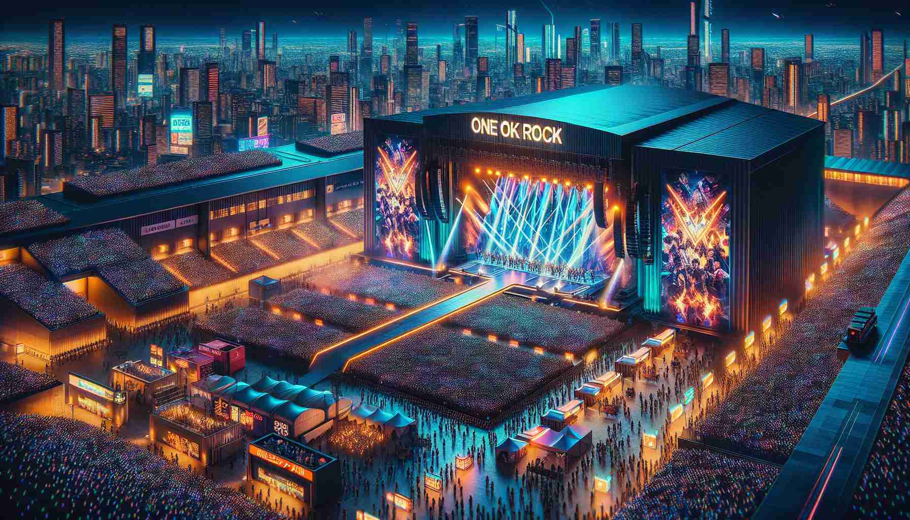 A well-crafted, high-resolution image that captures the unique atmosphere of an anticipated rock concert in Japan in 2025. Imagine a massive stage set against a vibrant cityscape at night, adorned with dynamic lighting and effects giving it an electrifying vibe. Huge video screens blaze with the name of the band - ONE OK ROCK - and throngs of enthusiastic fans wave neon light sticks in anticipation. Long lines of concertgoers zigzag outside the venue, with pop-up merchandise stalls adding to the excitement and festive air. It's truly an event of staggering proportions, signalling the triumphant return of a beloved rock band.