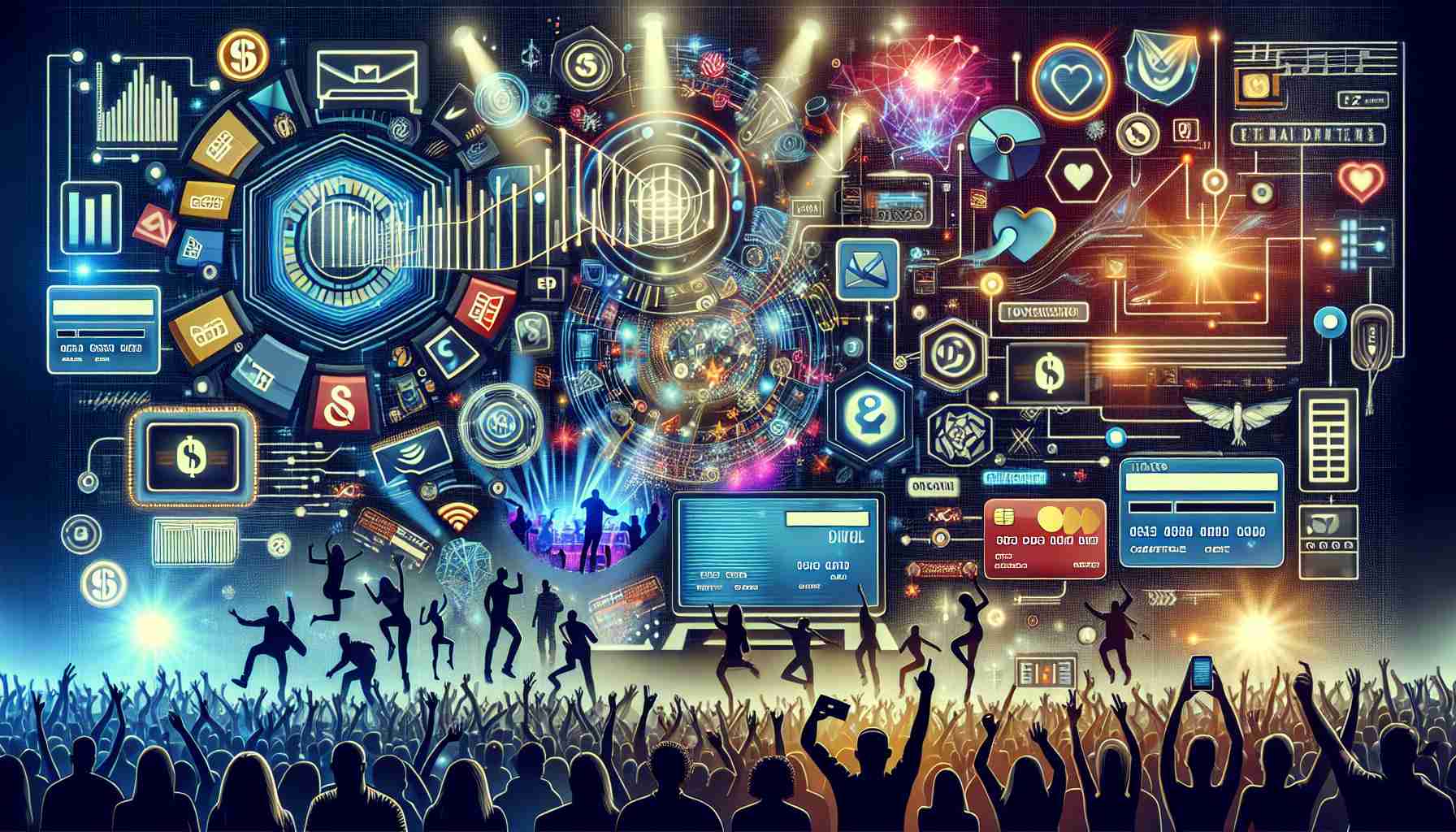 A visually engaging high-definition image representing the dynamics and adventures inherent in the world of concert ticket pricing. Display various people of differing genders and descents interacting with modern technology platforms to purchase tickets. Include elements like digital screens showing fluctuating prices, credit cards, internet connectivity symbols, and digital tickets to symbolize the new era. The context should be an energetic concert scenario with stage lights, excited audience, and abstract musicians performing on stage.